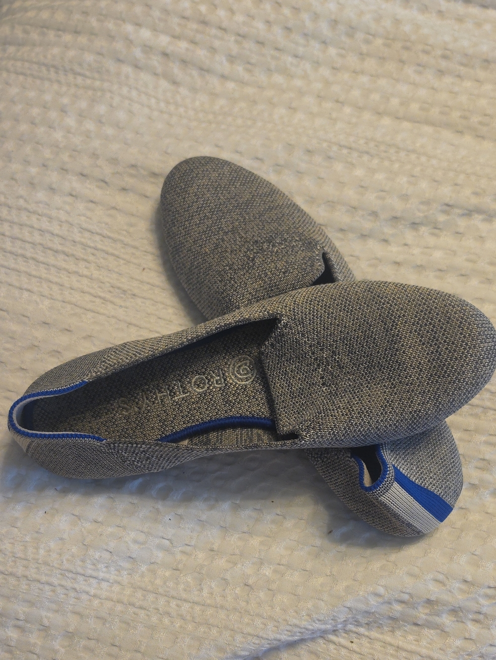 Rothy's Grey Knit Slip-On Loafers with Blue Trim